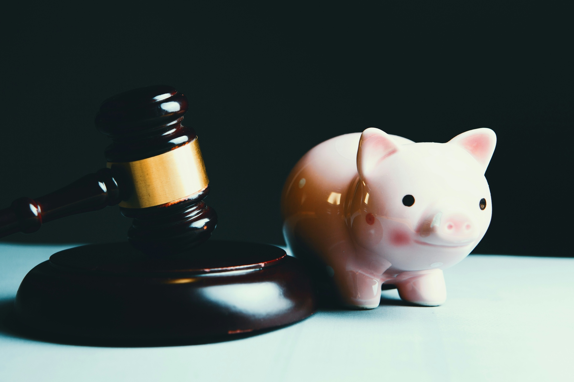 Gavel next to a pink piggy bank